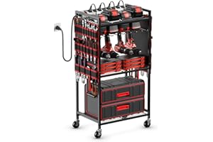 JUNNUJ Large Power Tool Organizer Cart with Charging Station, Garage Floor Standing Rolling Drill and Tools Battery Storage Cart on Wheels, Heavy Duty Utility Rack Shelf with 8 Outlet Power Strip, Red