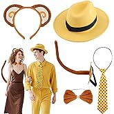 5 Pcs Halloween Couple Monkey and Yellow Costume Set Include Yellow Hat Black Polka Dots Tie Monkey Ears Headband Tails for Halloween Couple Cosplay