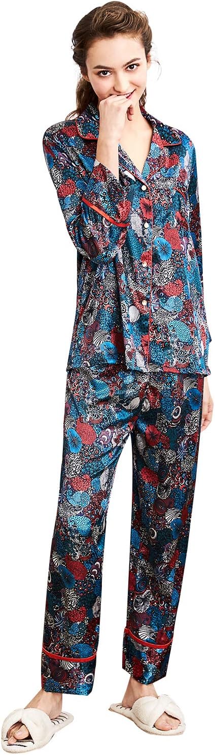 Belle Heure Women’s Silky Satin Pajamas Long Sleeve Button Down Striped Floral PJ Set Loungewear