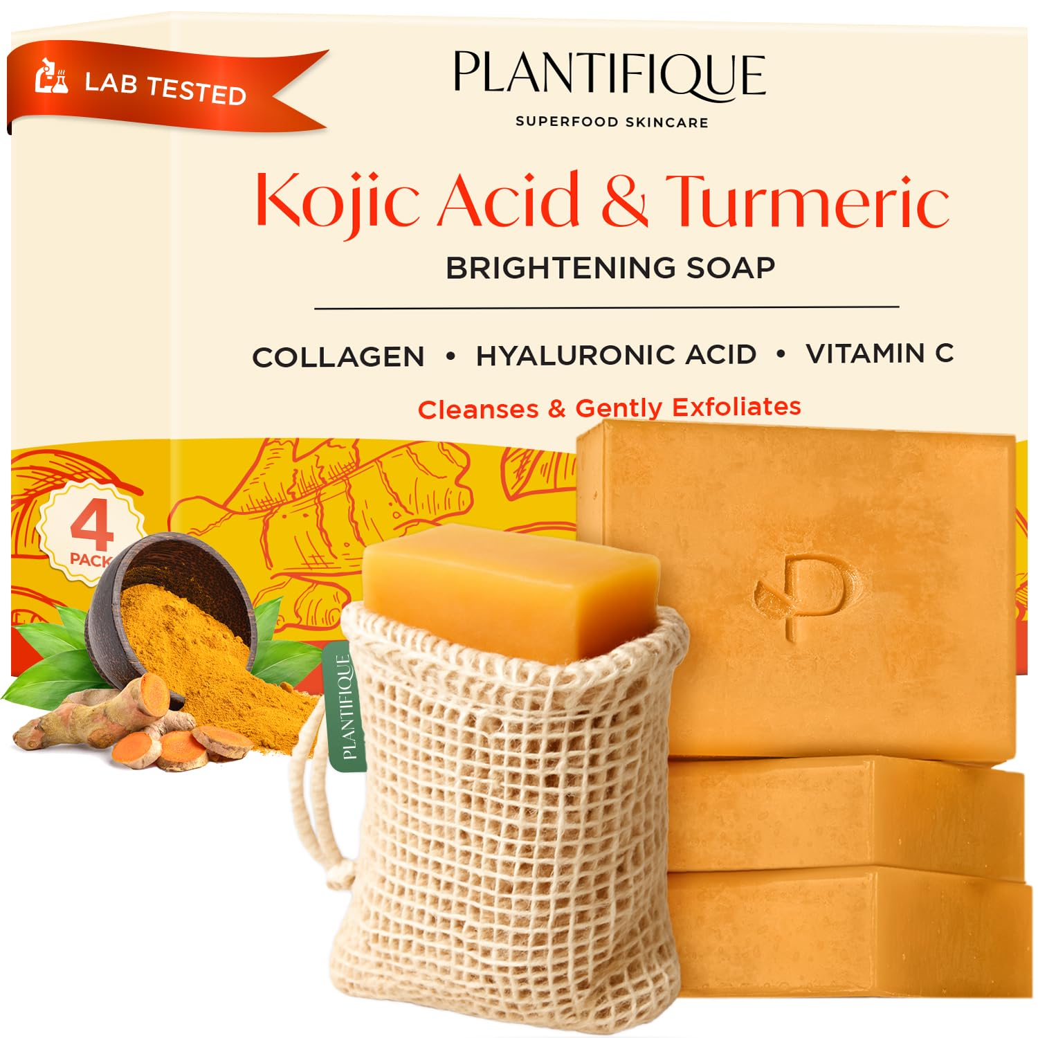 PLANTIFIQUE Kojic Acid Soap with Turmeric - 4 Pack with Mesh Bag - Face & Body Cleanser Bars with Hyaluronic Acid, Collagen & Vitamin C – Gentle Exfoliating Vegan Skincare, 320 g