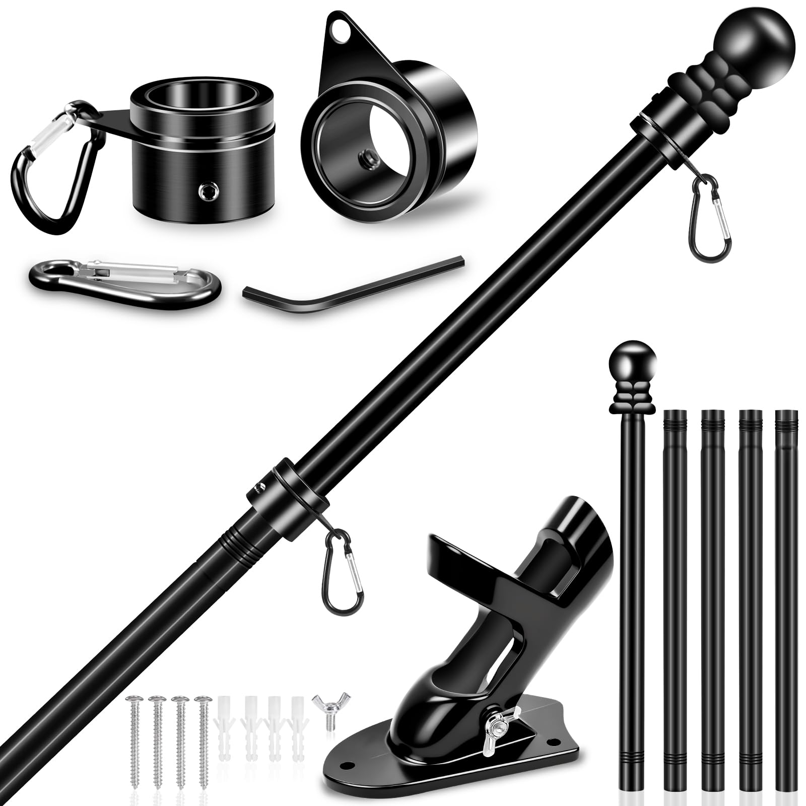 Photo 1 of 6 FT Flag Poles Kit for House with 2-Position Flagpole Bracket & 360° Rotating Flag Rings, 1 Inch Stainless Steel Spinning Flag Pole, Porch Wall Mounting Metal Flag Pole for 3x5 4x6 Flag (6 FT, Black)