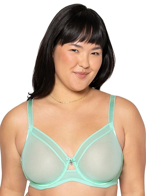 Curvy Couture Women's Sheer Mesh Full-Coverage Unlined Underwire Bra, Mint Chip, 34DDD
