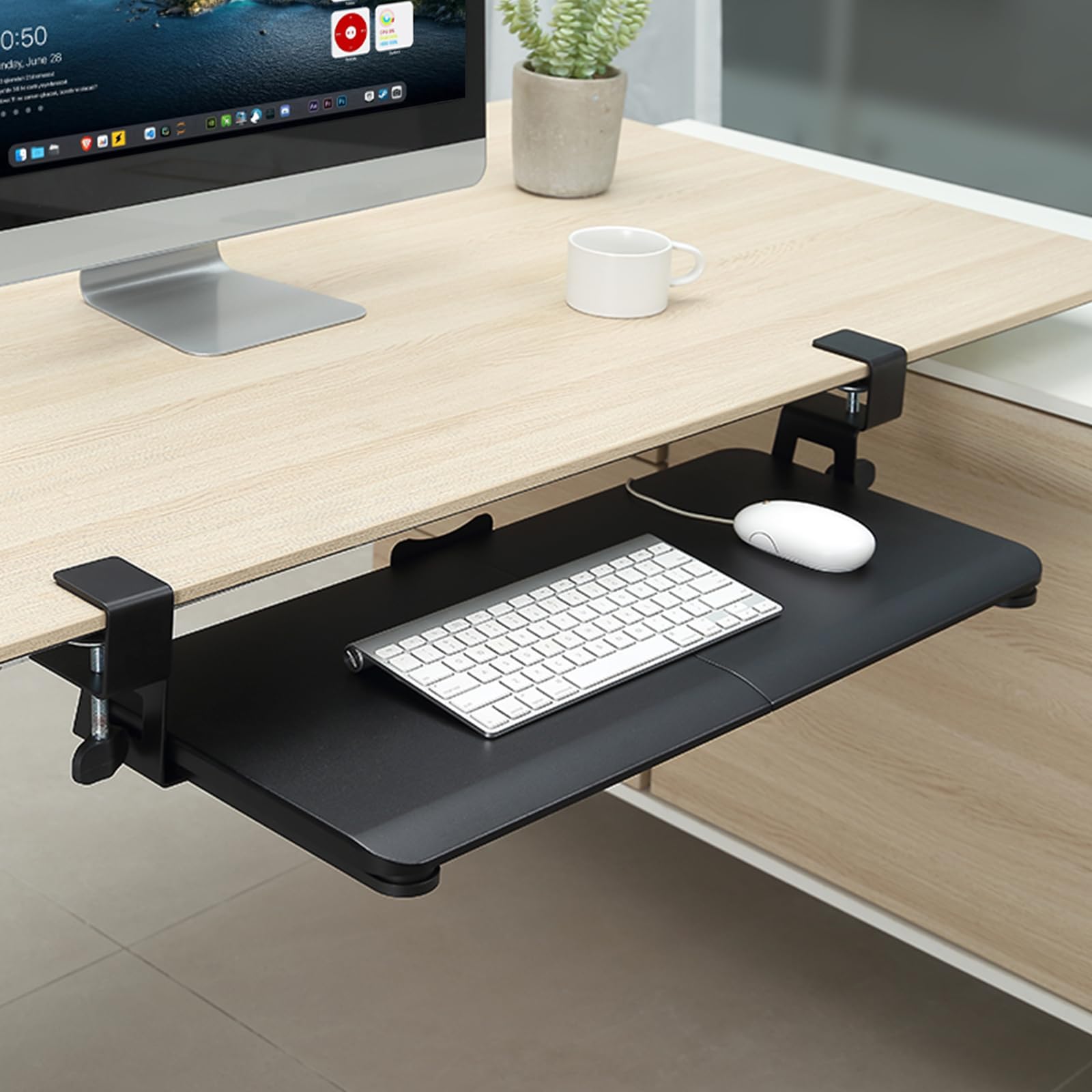 Photo 1 of DQCGLY Keyboard Tray Under Desk, Slide Out Computer Keyboard & Mouse Tray with C Clamp-on Mount Easy to Install,30" W?Including Clamps? X 12" D Large Size,Black