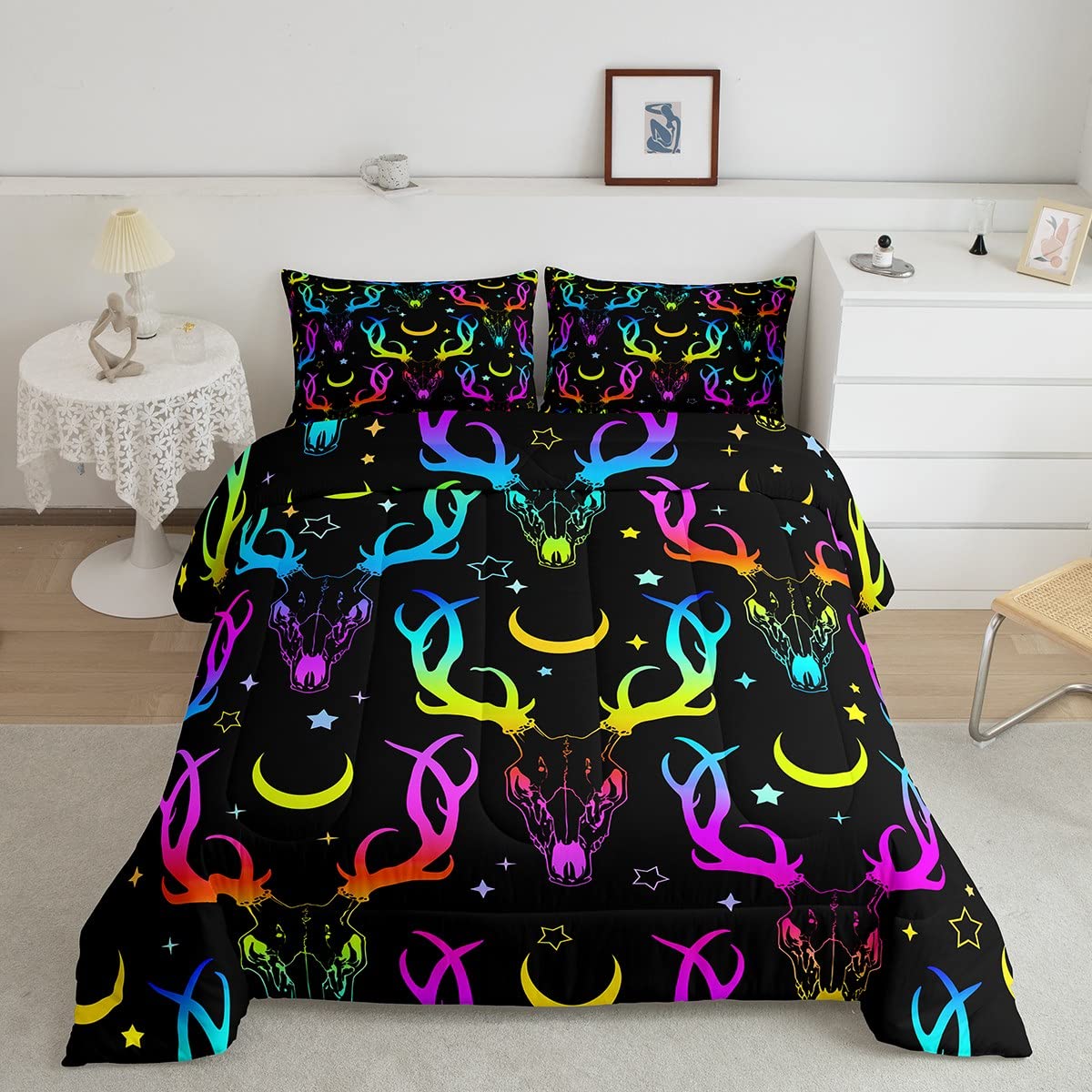 Deer Skull Bright Color Deer Bedding Set Gothic Skull Moon Star Duvet Set for Boys Girls Rainbow Down Comforter Double Size