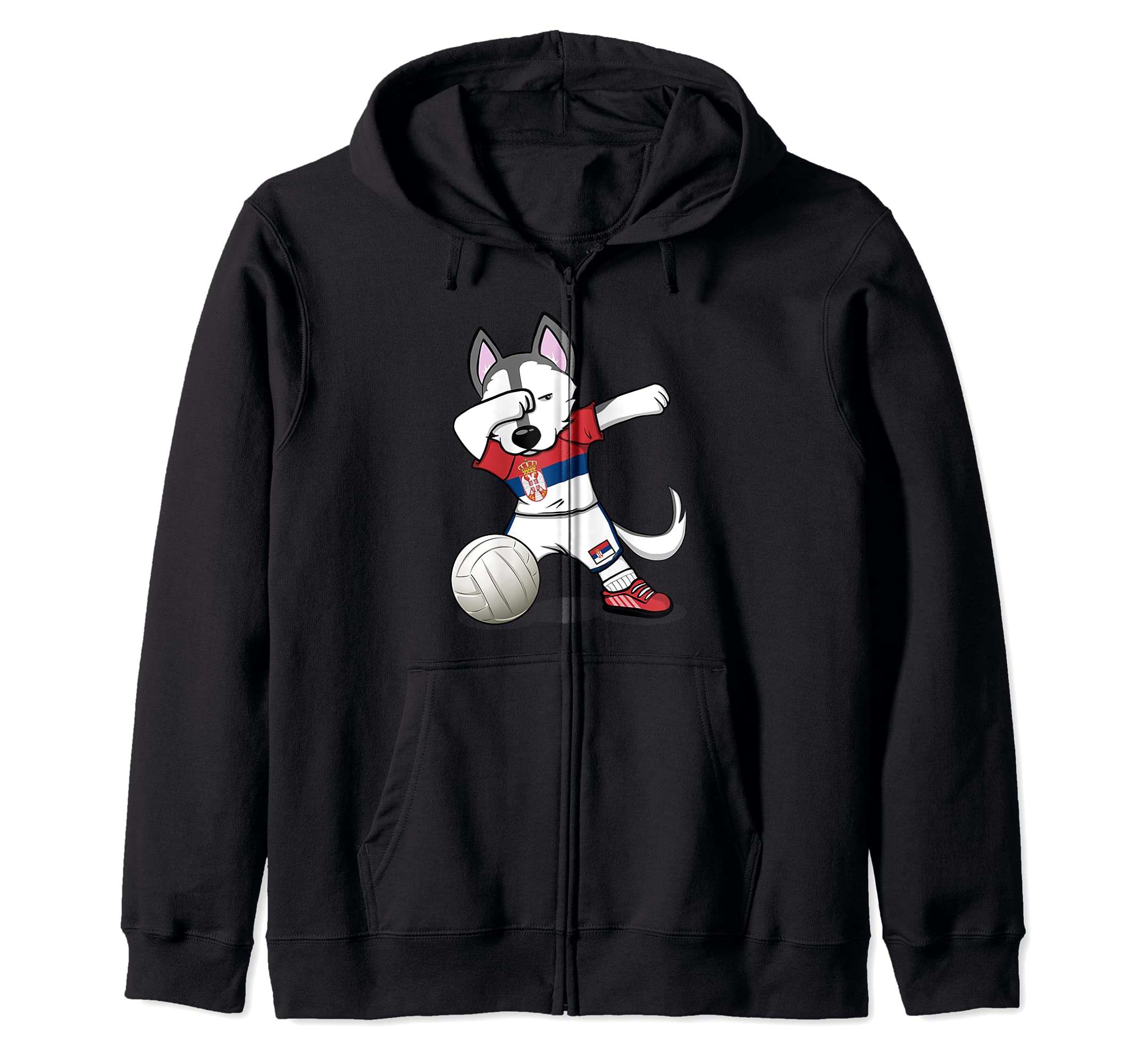 Dabbing Husky Dog Serbia Volleyball Fans Jersey Serbian Flag Zip Hoodie