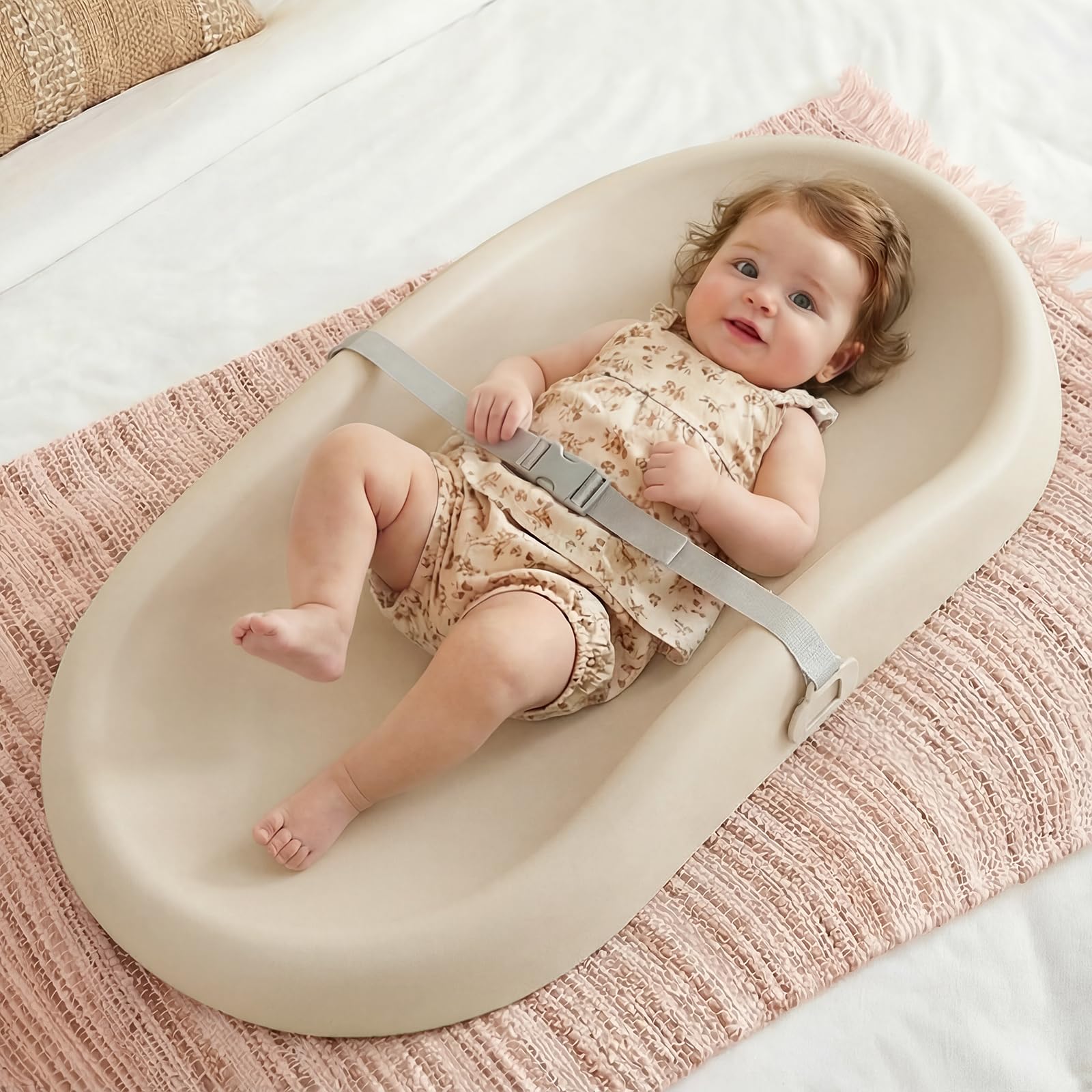 Photo 1 of Mallify Baby Changing Pad with Waterproof and Non-Toxic Surface, Changing Table Pad with Adjustable Safety Strap and Cushioned Foam, Easy-Clean & Portable Changing Pad for Dresser(Beige)