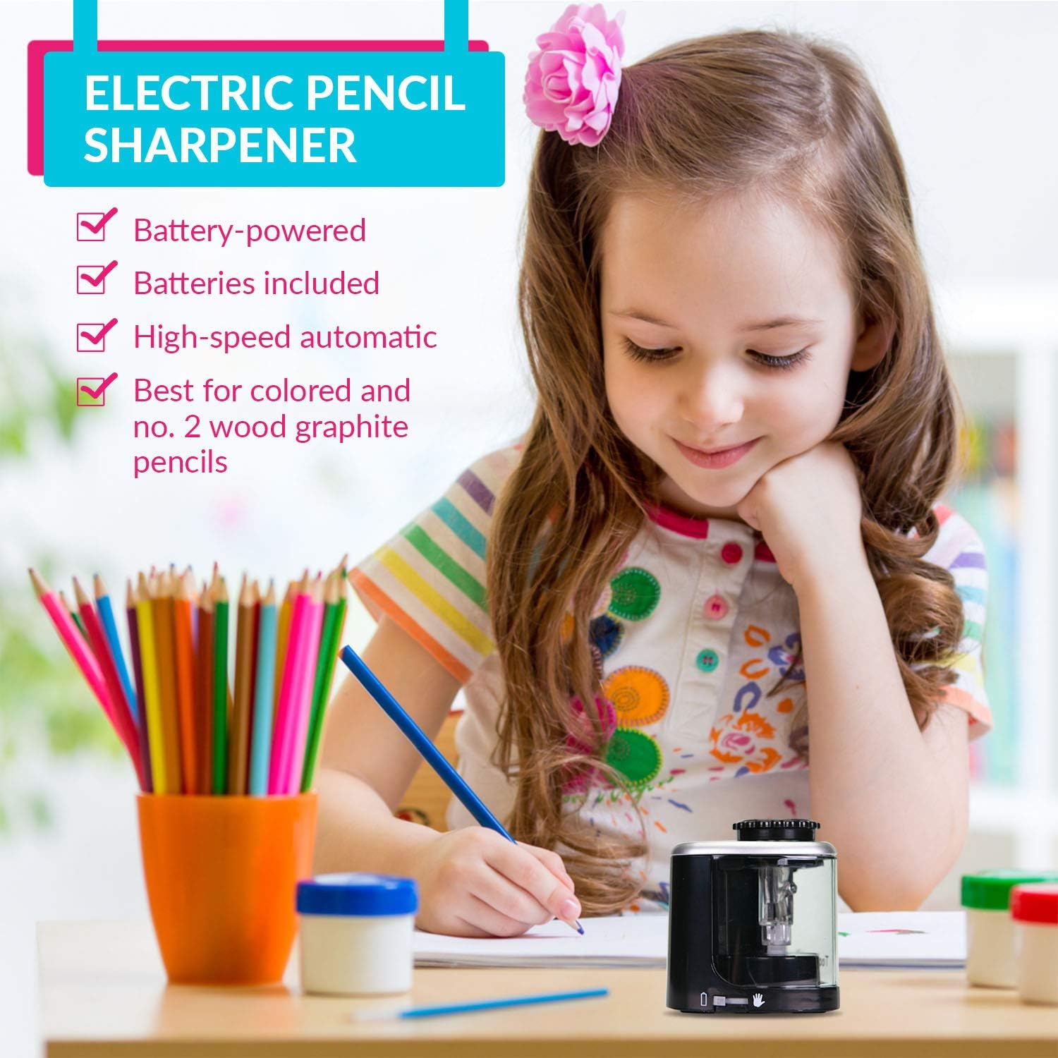 Electric Pencil Sharpener, Battery-Powered, Batteries Included, High-Speed Automatic, best for Colored, No. 2 Wood Graphite Pencils, Home Office School Classroom Adults Kids, Straight Blade (Black) : Office Products