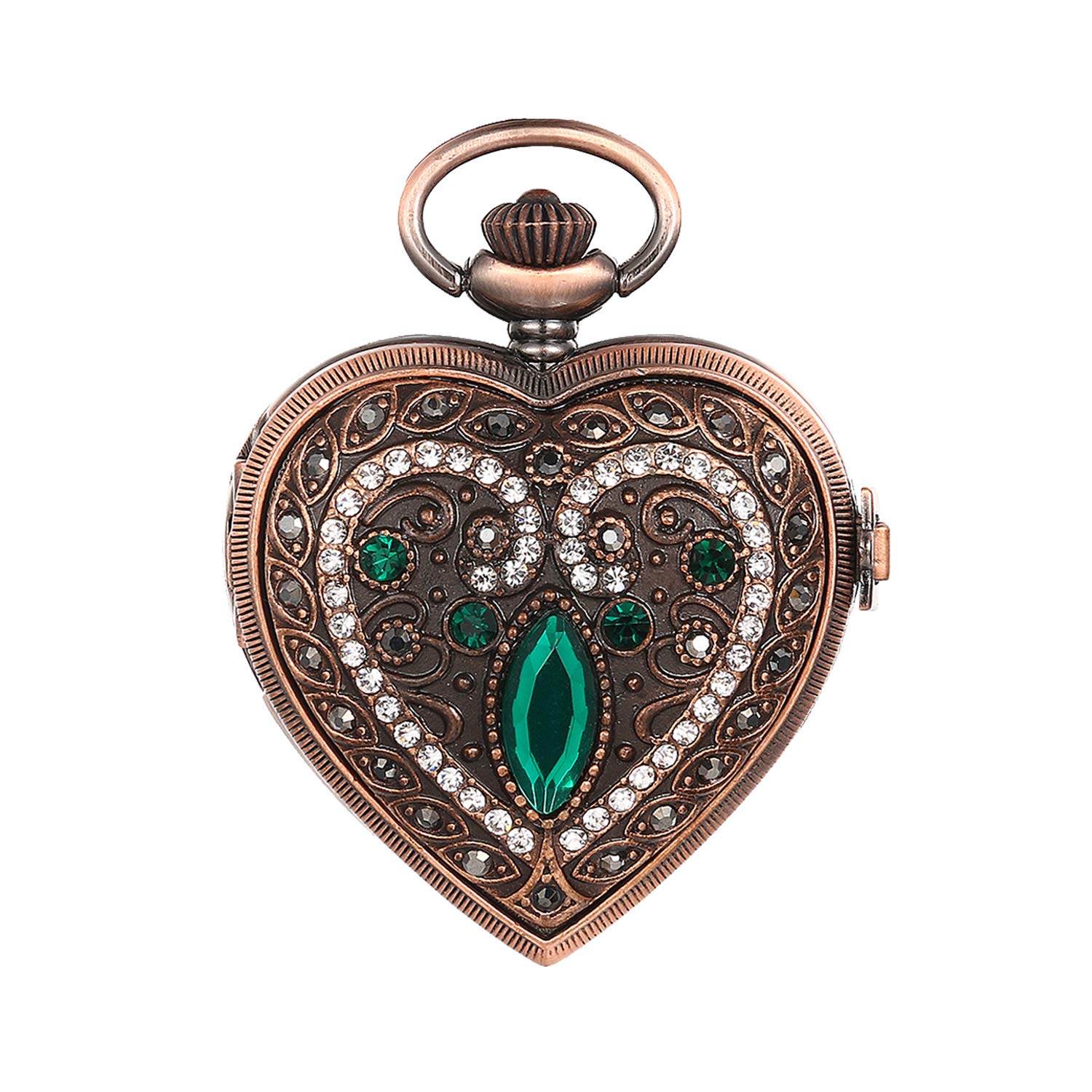 JewelryWe Men Women Pocket Watch Quartz Watch Rhinestone Heart Pendant Necklace Watch