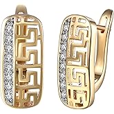 WSKFLY 14K Gold Plated Pattern Cutout/Double Row Diamond Earrings for Womens, Cubic Zirconia Hoop Earrings
