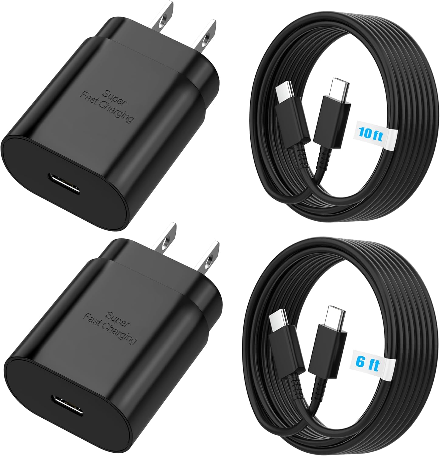 TT&C 25W Charger for Android, Super Fast Charging USB C Block & Type C Charge Cable Cord (6ft & 10ft) Compatible with Samsung Galaxy S25, S24 Plus, S23, S22, S21,Tablet, iPhone 17/16/15- Black 2-Pack