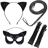 4PCS Halloween Cat Costume Accessories for Women, Cat Woman Black Mask Ear Headband Long Whip and Gloves Set for Halloween Party Cosplay Dress Up