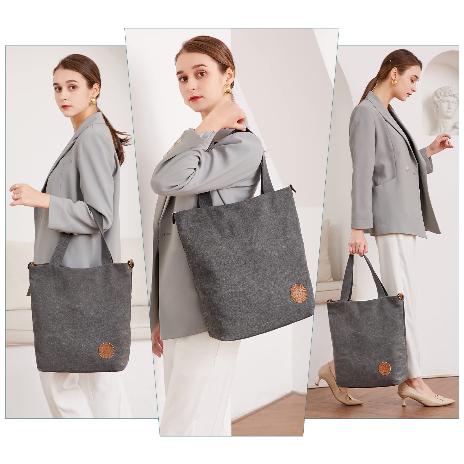 JANSBEN Women's Canvas Handbag, Shoulder Bag, Casual, Multifunctional Shoulder Bags, Large, for Work, School, Shopping, Casual and Daily Use, gray, Casual