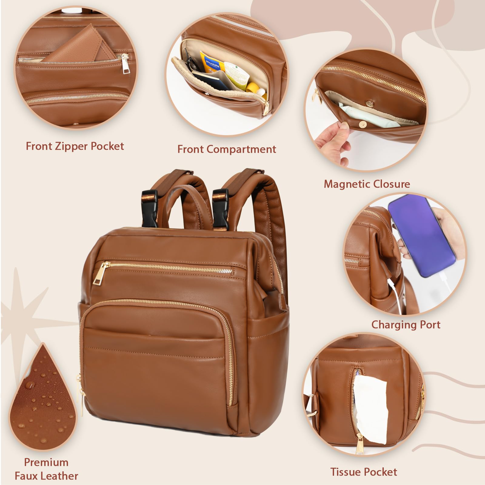 Small Diaper Bag Mini Diaper Bag Backpack Leather Diaper Bag With 12 Pockets Baby Travel Bag,2 Insulated Pockets,USB Charging Port,Stroller Straps,Brown
