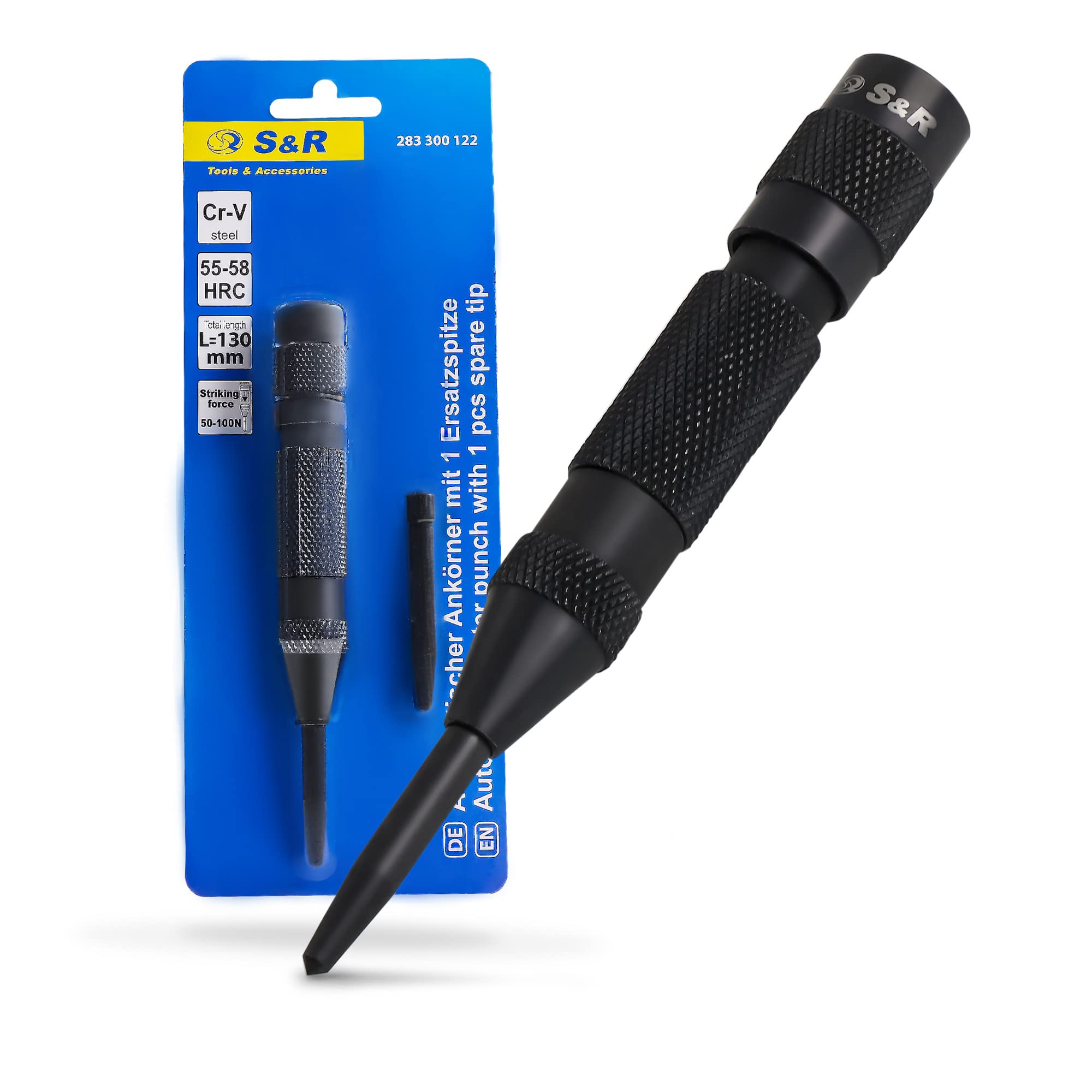 S&R Automatic Centre Punch 130 mm – 50–100 N Adjustable Impact | Full-Metal, Knurled Grip | Cr-V Tip + 1 Spare | for Metal, Wood, Stone, Plastic