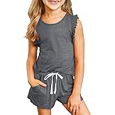 Dokotoo Girls Summer Casual Cute T-Shirt Shorts Set Outfits Ruffle Sleeve Crew Neck Solid Stretchy Shorts Fashion Clothing wi