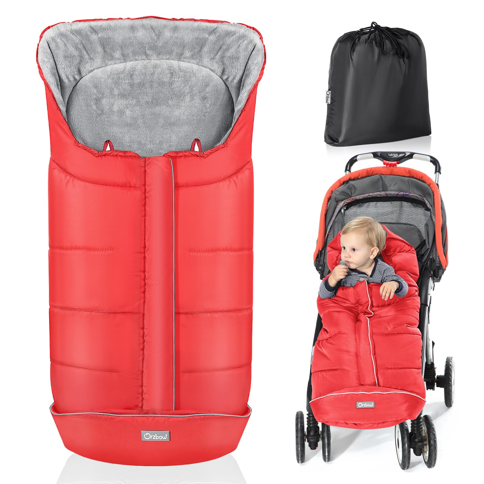 Orzbow Footmuff for Pushchair Universal, Large Pushchair & Pram Footmuffs with Drawstring, Waterproof Cosy Toes for Buggy with Warm Fleece, Anti-Slip Back, Reflective Strip, Easy Access, Red