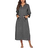 Ekouaer Women Zipper Robe 3/4 Sleeves Loungewear Dress Full Length Sleepwear Pockets Housecoat Nightgown Long Bathrobe