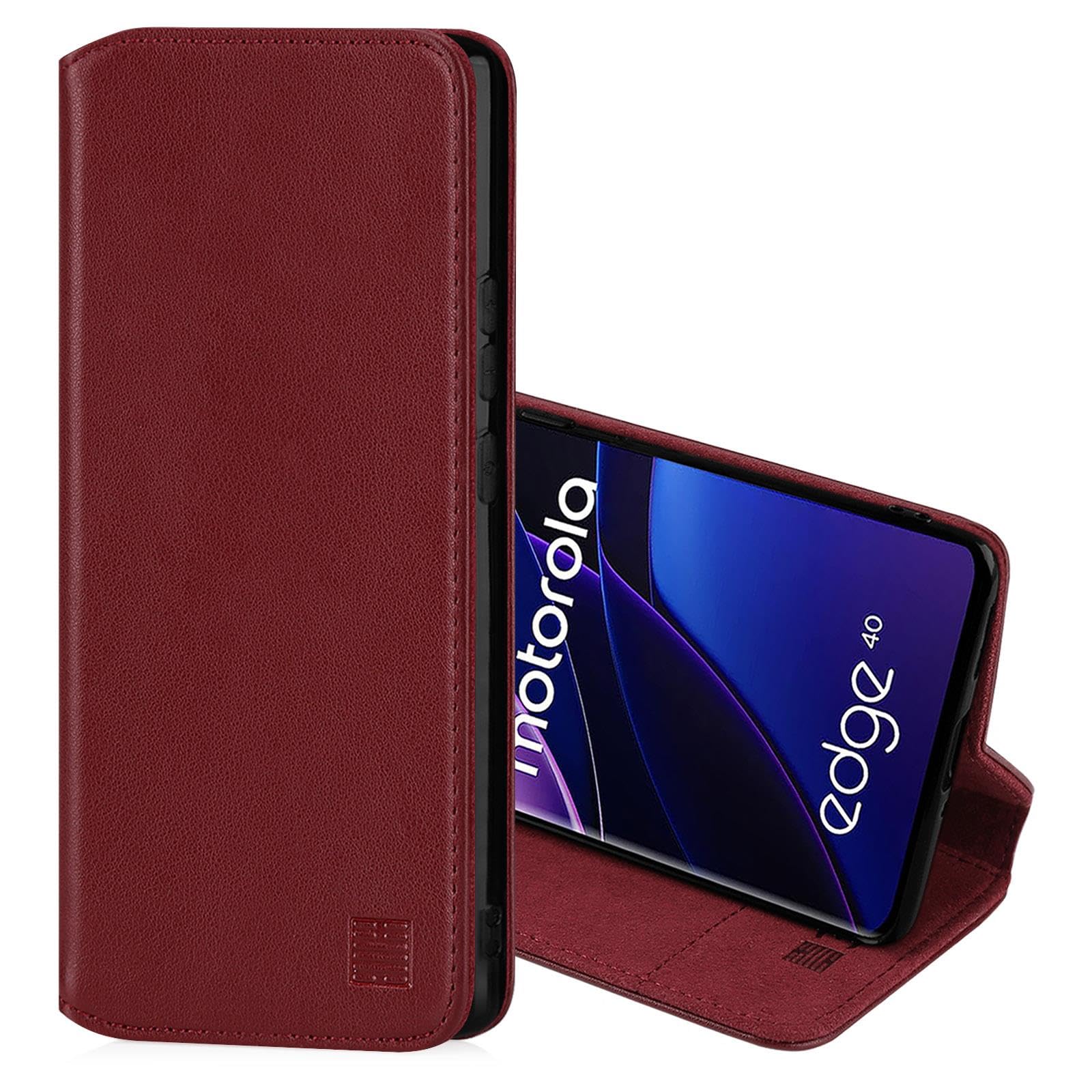 32nd Classic Series 2.0 - Real Leather Book Wallet Flip Case Cover For Motorola Moto Edge 40, With RFID Blocking Card Slot, Magnetic Closure and Built In Stand - Burgundy