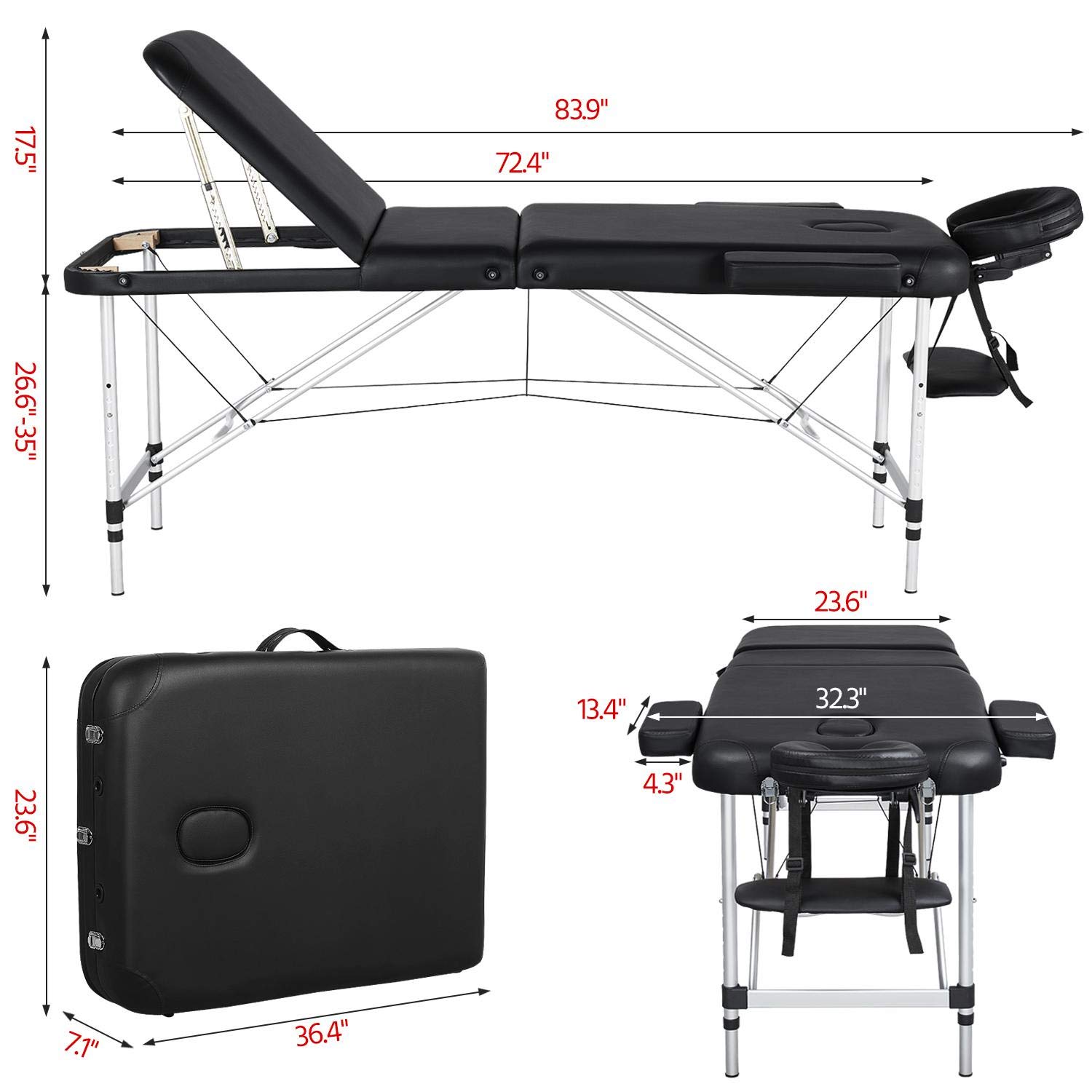 Yaheetech Massage Table Portable Massage Bed 3 Folding 84 Inch Aluminium Frame Lightweight Height Adjustable Salon Spa Table - Black: Beauty