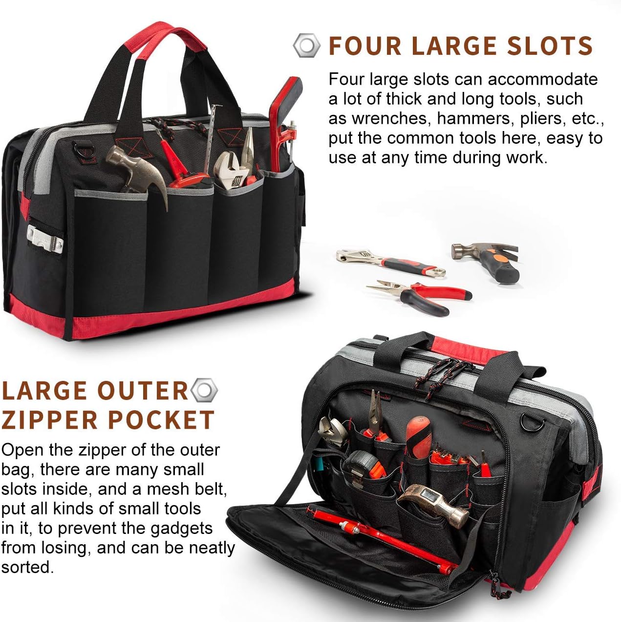 Tool Bag Wide Mouth Tote Bag with 25 Pockets 16-inch Storage Bag with Adjustable Shoulder Strap Black/Red - - 