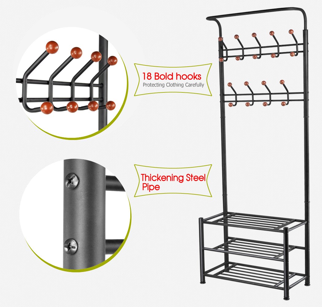 Yaheetech Metal Multi-purpose Garment Rack Coat Clothes Stand 3-Tier Shoes Rack Umbrella Stand With Hanging Hooks Black