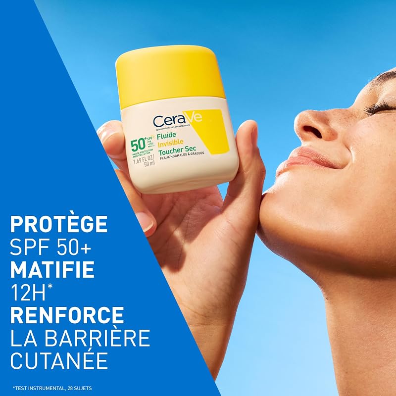 , Fluide Invisible Toucher Sec SPF 50+, Très Haute Protection Solaire Visage, Peaux Normales à Grasses, Matifiant 12H, Sans Traces Blanches, Base Maquillage, Niacinamide et Vitamine E
