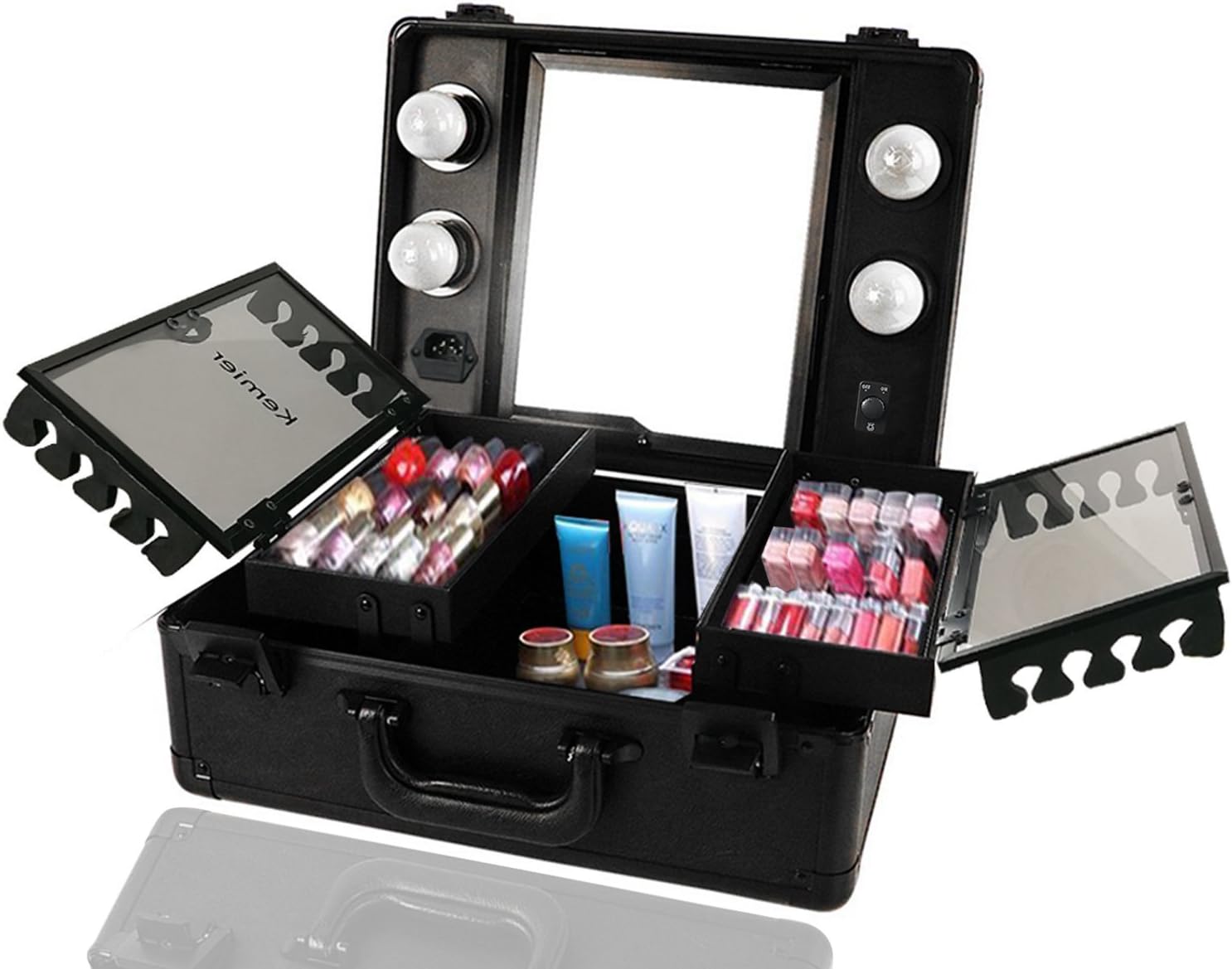 Kemier Makeup Train Case - Cosmetic Organizer Box Makeup Case with Lights and Mirror / Makeup Case with Customized Dividers / Large Makeup Artist Organizer Kit (Black)