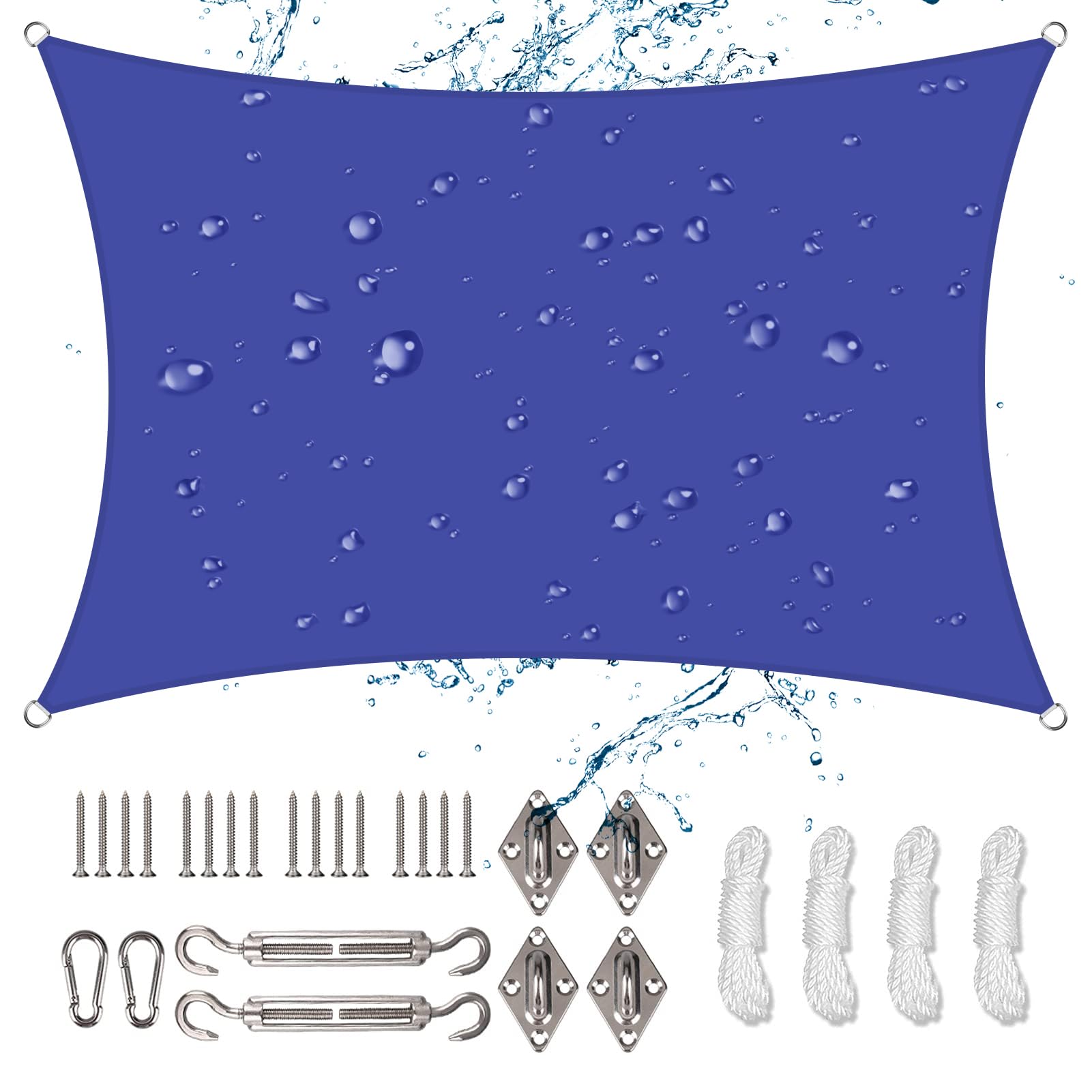 NAKIHOUSE Waterproof Shade Sail with Rope Fixing Kits, 3x4m Rectangle Sun Shade Sail 98% UV Block Awning Canopy for Garden Patio (Blue)