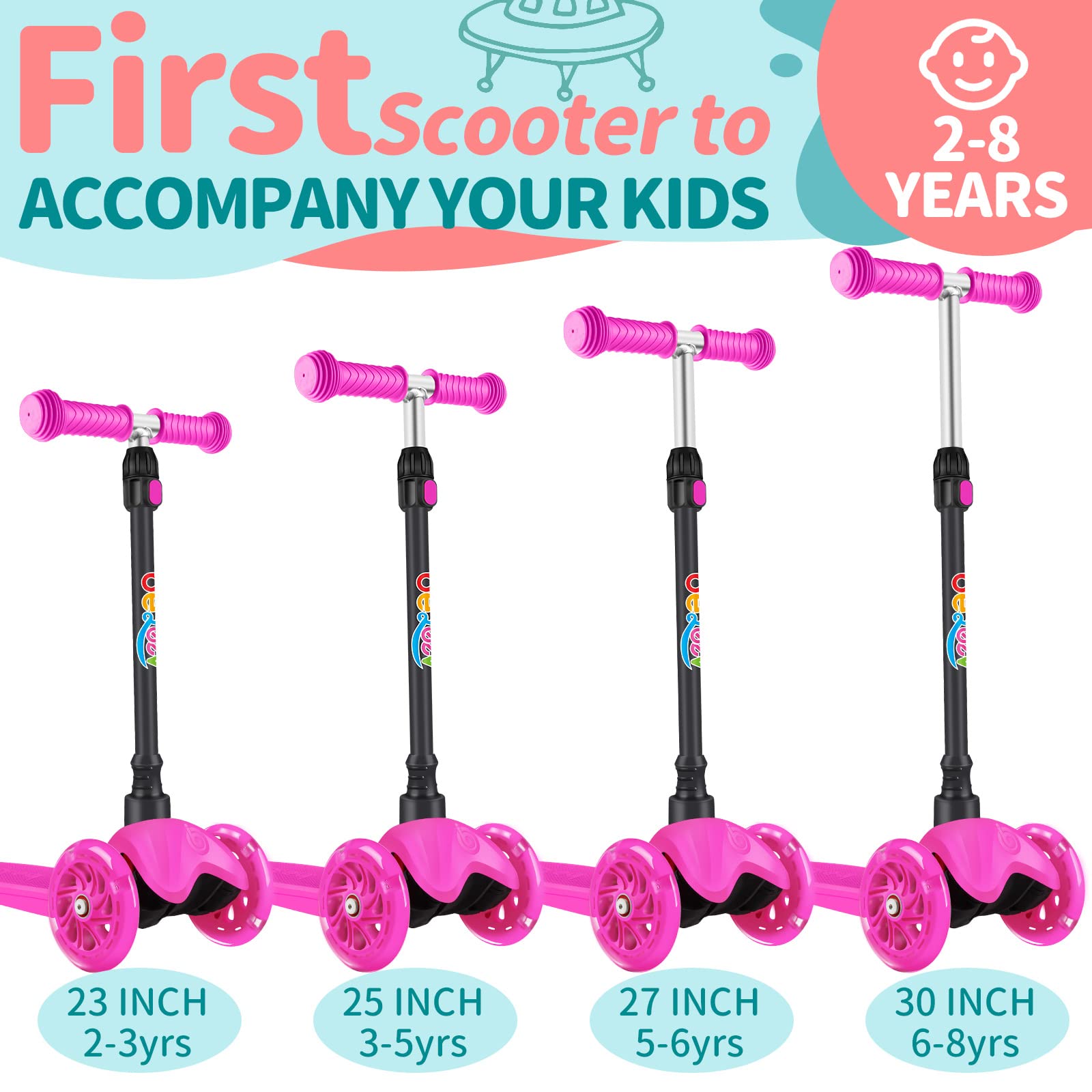 BELEEV A1 Scooter for Kids Ages 2-6, 3 Wheel Kick Scooter for Toddlers Girls Boys, Light up Wheels, Adjustable Height, Lean to Steer, Non-Slip Deck, Lightweight Push Scooter for Children