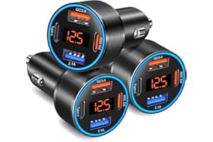 USB C Car Charger 3 Pack, 65W 4-Port Super Fast Car Phone Charger PD+QC 3.0 12V USB Car Charger with Voltage Display Cigarett