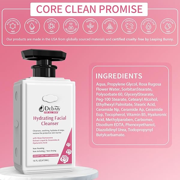 ROSE NON FOAMING HYDRATING FACIAL CLEANSER WITH CERAMIDE FACE WASH FOR FAMILY, MAKEUP REMOVER FOR WOMEN GENTLE HYDRATION & PURIFICATION (16 FL OZ)