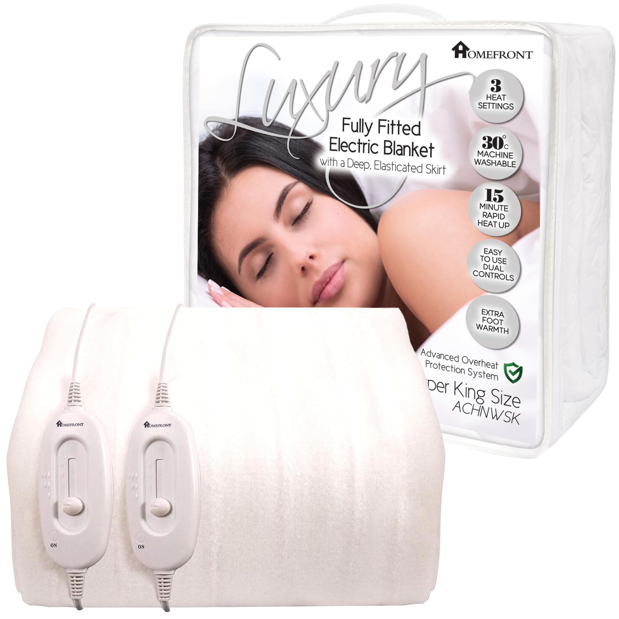 Homefront Electric Blanket Super King Size Dual Control - 203x182 Centimetres Premium Fitted Underblanket Overheat Protection and Safety Shut Off Machine Washable & Safe For All Night Use - White
