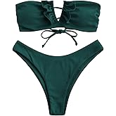 ZAFUL Women's Strapless Ribbed V Wired Lace Up Ruffle Tie High Cut Bandeau Swimsuits Bikini Set