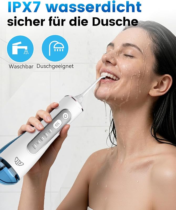 Munddusche Kabellos Elektrische 300ML Wassertank, 10 Stufen Stufenlose Modi Testsieger 2026, IPX8 Tragbar Zahnreiniger Waterflosser & 6 Düsen für Oral Health Enthusiasten Tägliche Pflege(Weiß)