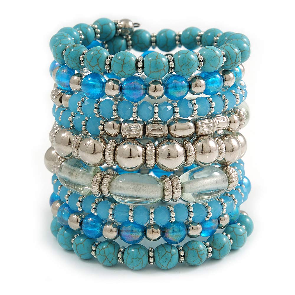 Avalaya Wide Coiled Ceramic, Acrylic, Glass Bead Bracelet (Light Blue, Turquoise, Silver, Transparent) - Adjustable