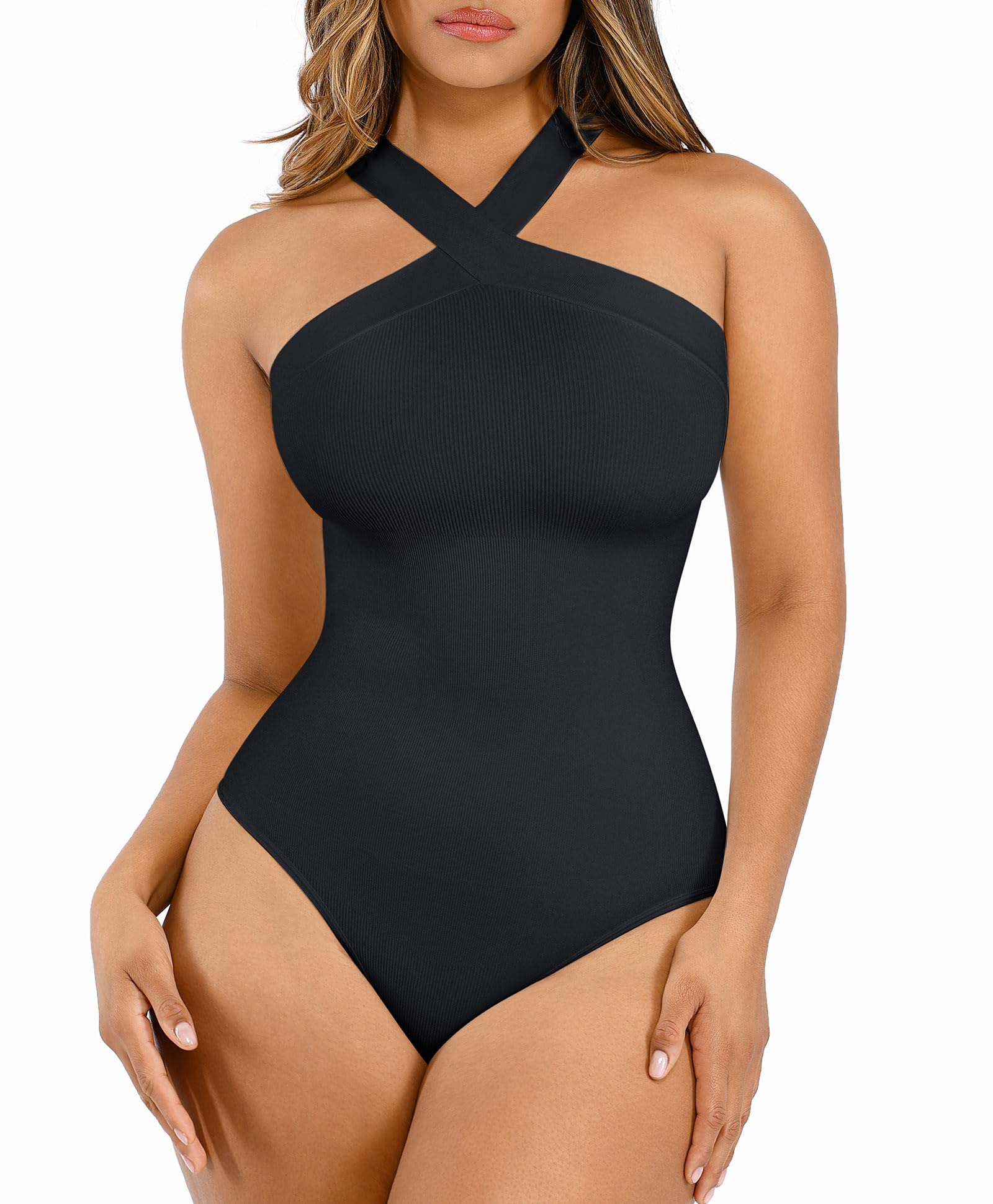 Photo 1 of Lover-Beauty Bodysuits for Women Shapewear Tummy Control Criss Cross Halter Top Bodysuit Thong Ribbed Body Suit Black Bodysuit
