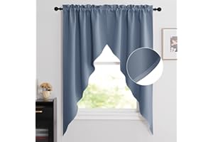 NICETOWN Balckout Swag Curtain Valances for Living Room, Farmhouse Rod Pocket Energy Saving Small Window Tiers for Thanksgiving, Stone Blue, 36" Width x 63" Length Each Panel, Set of 2