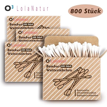 O³ Wattestäbchen Bambus // 4x 200 Stück (800 insgesamt) ohne Plastik // 100% biologisch Abbaubar // Aus Bambus und reiner Bau