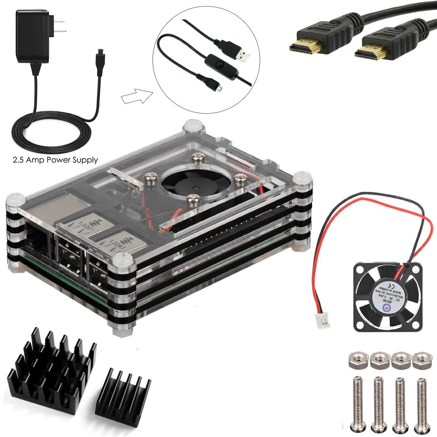 5 in 1 Kit for Raspberry Pi 3, Black Acrylic Sliced 9 layers Case+5V/2500mA Power Adapter Match ON/Off Cable +Fan +Aluminum Heatsinks +HDMI Cable