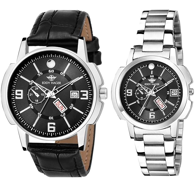 Eddy Hager Analog Day & Date Couple Watch Combo EH-502-BK