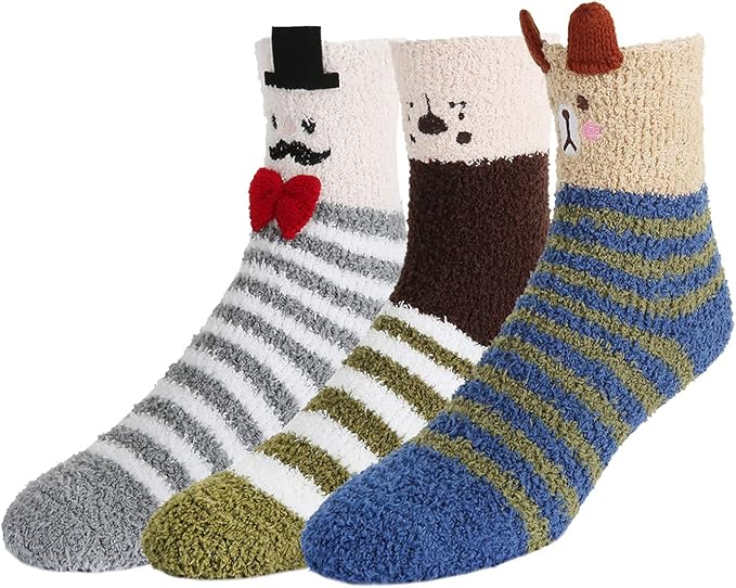 3 Pack Fluffy Fuzzy Cozy Slipper Animal Crew Socks,Colorful Stripes