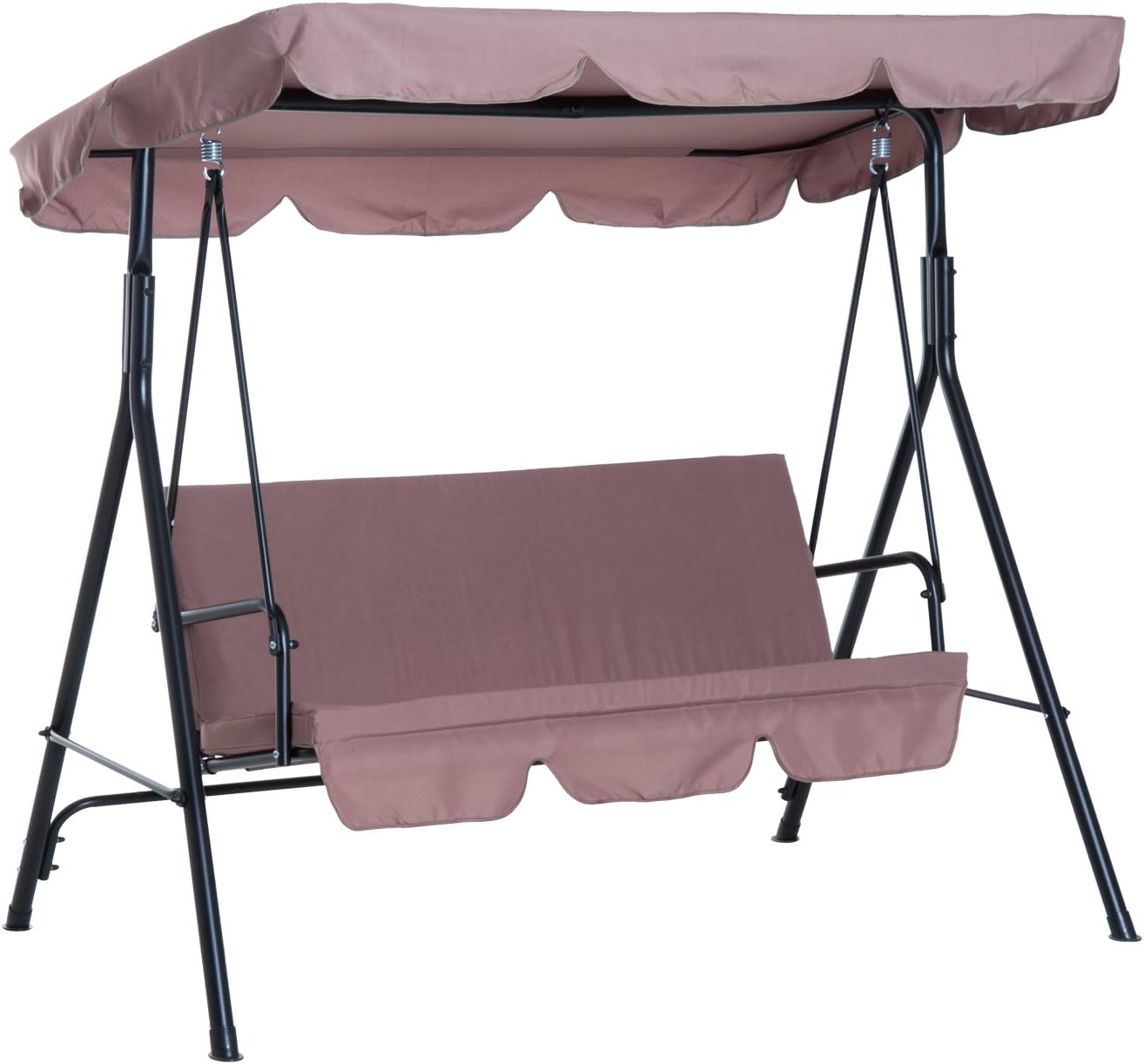 Outsunny 3 Seater Swing Chair with Adjustable Canopy, Garden Swing Seat with Steel Frame, Padded Seat, Brown