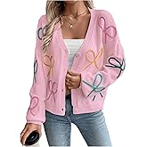 WDIRARA Women's Bow Cardigan Button Down V Neck Long Sleeve Drop Shoulder Knit Sweater