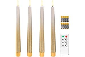 Fanna 9.6'' Flameless LED Taper Candles with Timer in Real Wax, Battery Operated Rustic Metallic Dinner Candlesticks with Rem