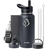 BUZIO 32 oz Water Bottle Insulated with Straw & 3 lid and Carrying Pouch, Leak Proof Anti-Slip Stainless Steel Water Flask Jug, Cold for 48 Hrs Double Vacuum Thermo Canteen, BPA-Free, Black