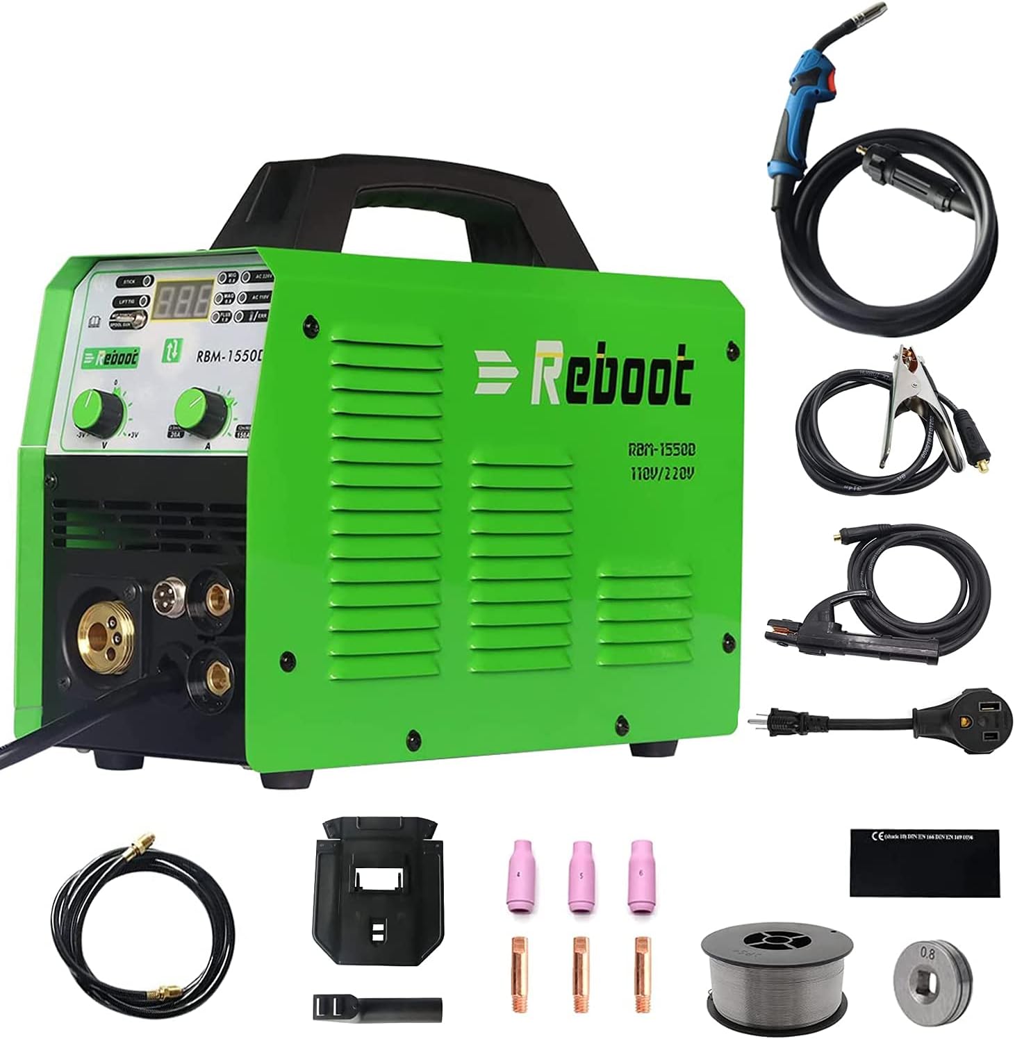 Reboot MIG Welder Flux Core 5 in 1 110/220V MIG155D Gas/Gasless 155 Amp Spool Gun Available Stick Mig TIG Welding Machine Solid Wire Automatic Feed Inverter MMA ARC Welding - - 