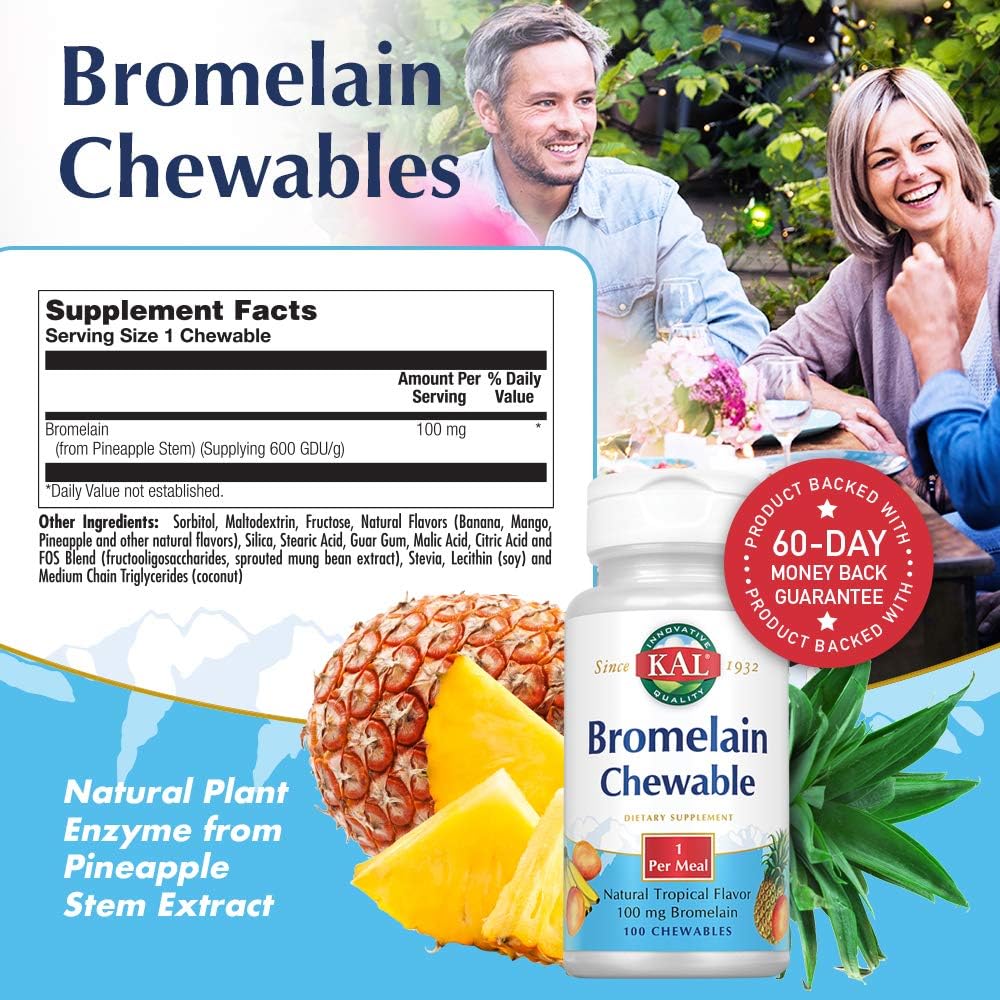 KAL Bromelain Chewable Tablets, Tropical Flavor, 100 mg, 100 Count: Health & Personal Care