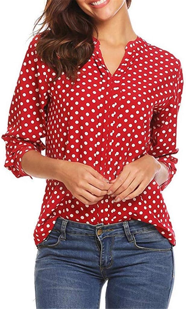 NREALY Blusa Womens Polka Dot 3/4 Sleeve Blouse Tops Ladies Casual Office Work V Neck T-Shirt
