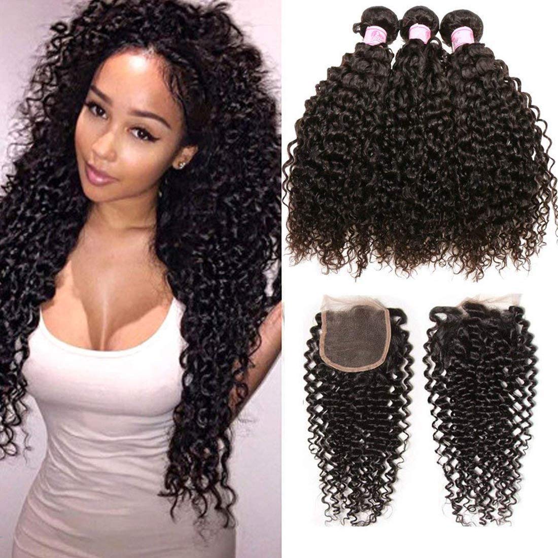 Beauty Forever Malaysian Curly Hair 3 Bundles with Lace Closure Free Part 44 Unprocessed Curly Virgin Human Hair Weave Natural Color (18 20 22 +16 Closure)