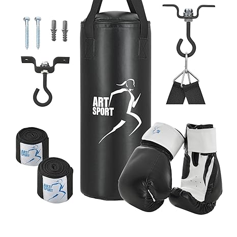 ArtSport Boxsack Set 10kg (Sandsack Boxhandschuhe Bandagen & Deckenhalterung)